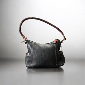 Vintage Fossil Black Leather Shoulder Bag with Braided Handle